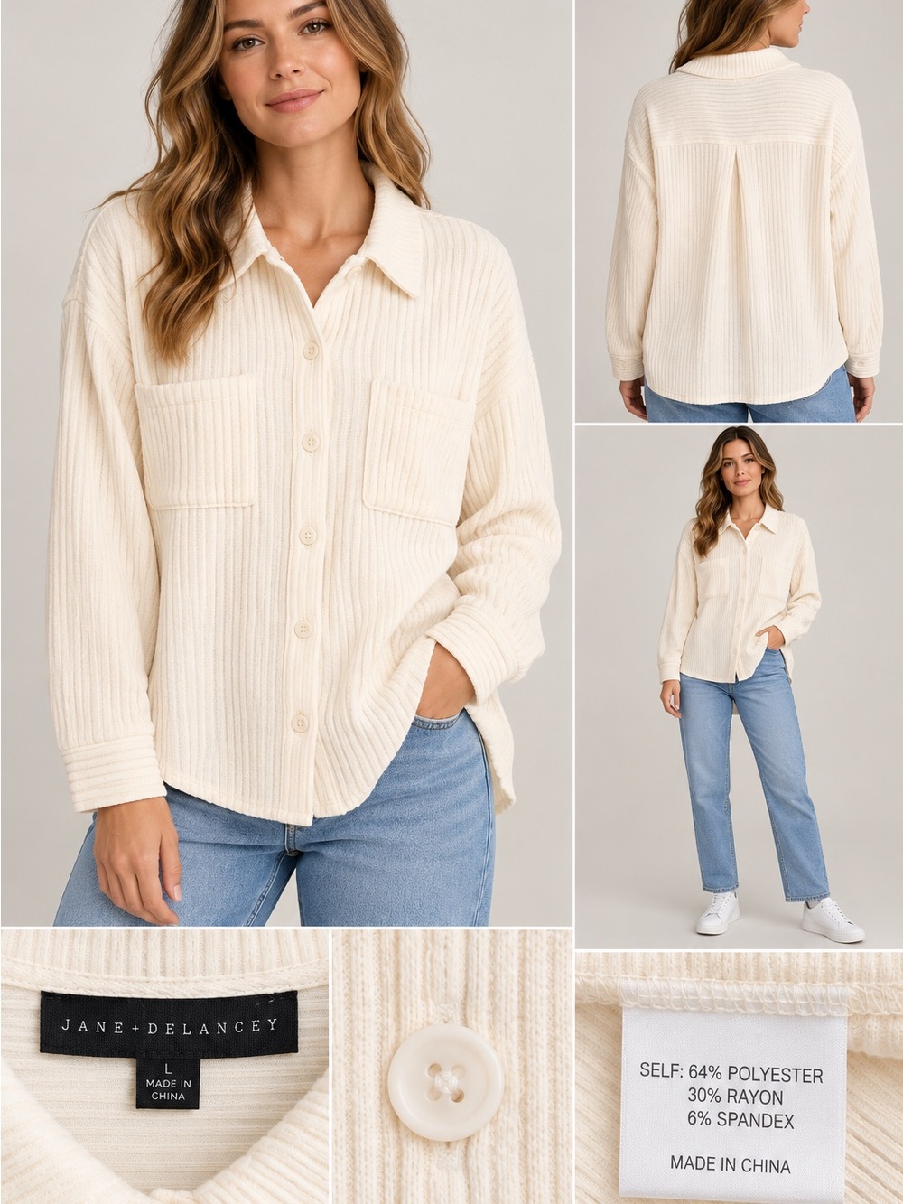 Jane + Delancey Women’s Large Cream Ribbed Button Front Shacket Oversized Top
